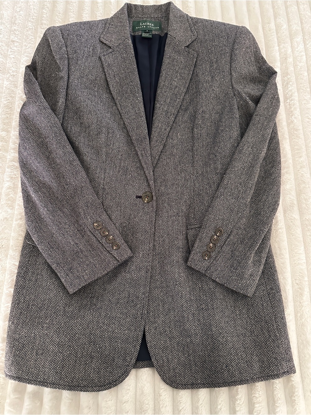 VINTAGE Ralph Lauren Gray Herringbone Single-Button Tailored Wool Blazer - Picture 6 of 13